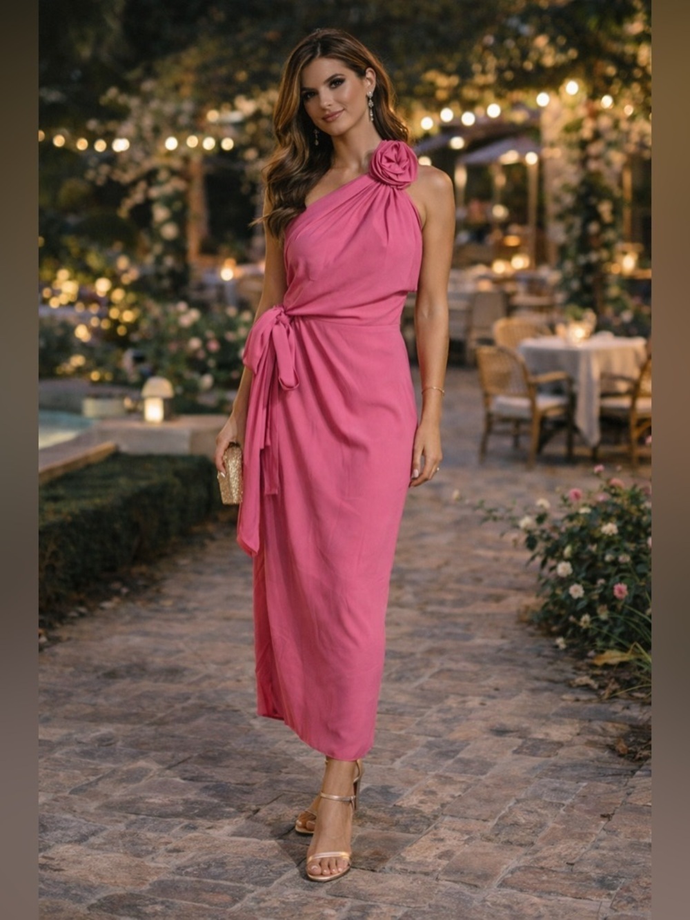 Azeeza Pink Silk One Shoulder Midi Dress Ruched Tie Waist XS